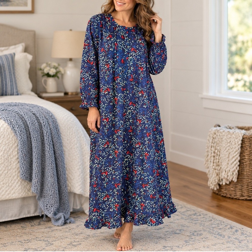 Only Necessities Women 1X Navy Blue Cardinal Print Cotton Ruffle Nightgown 22/24